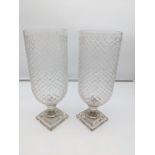 Pair of large crystal vases with a cross etch design