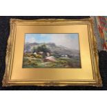 Watercolour on board, within moulded gilt frame titled A Sunny Hillside by Bertran Hiles [56x74cm]