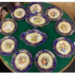 19th century H & Co ornate floral and fruit design cabinet plates and two tazza bowls. Blue and Gilt