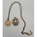 A 9ct gold pendant, 9ct gold chain and a 9ct gold locket designed with three blue stones and 5