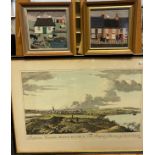 Antique coloured print titled 'The Prospect of the Town of Montrose' together with two fabric