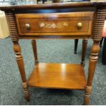 20th century side table, the single drawer above a base shelf, flanked and raised on turned supports