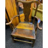Georgian Chippendale arm chair, central splat to the back support, above open curved arm rests,