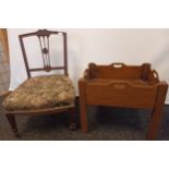 20th century low bedroom chair, central pierced splat, above a cushioned seat [74cm], raised on