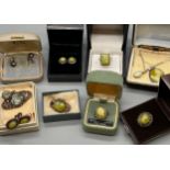 A Selection of Green stone and silver jewellery to include Rings, Brooches and earrings, Together