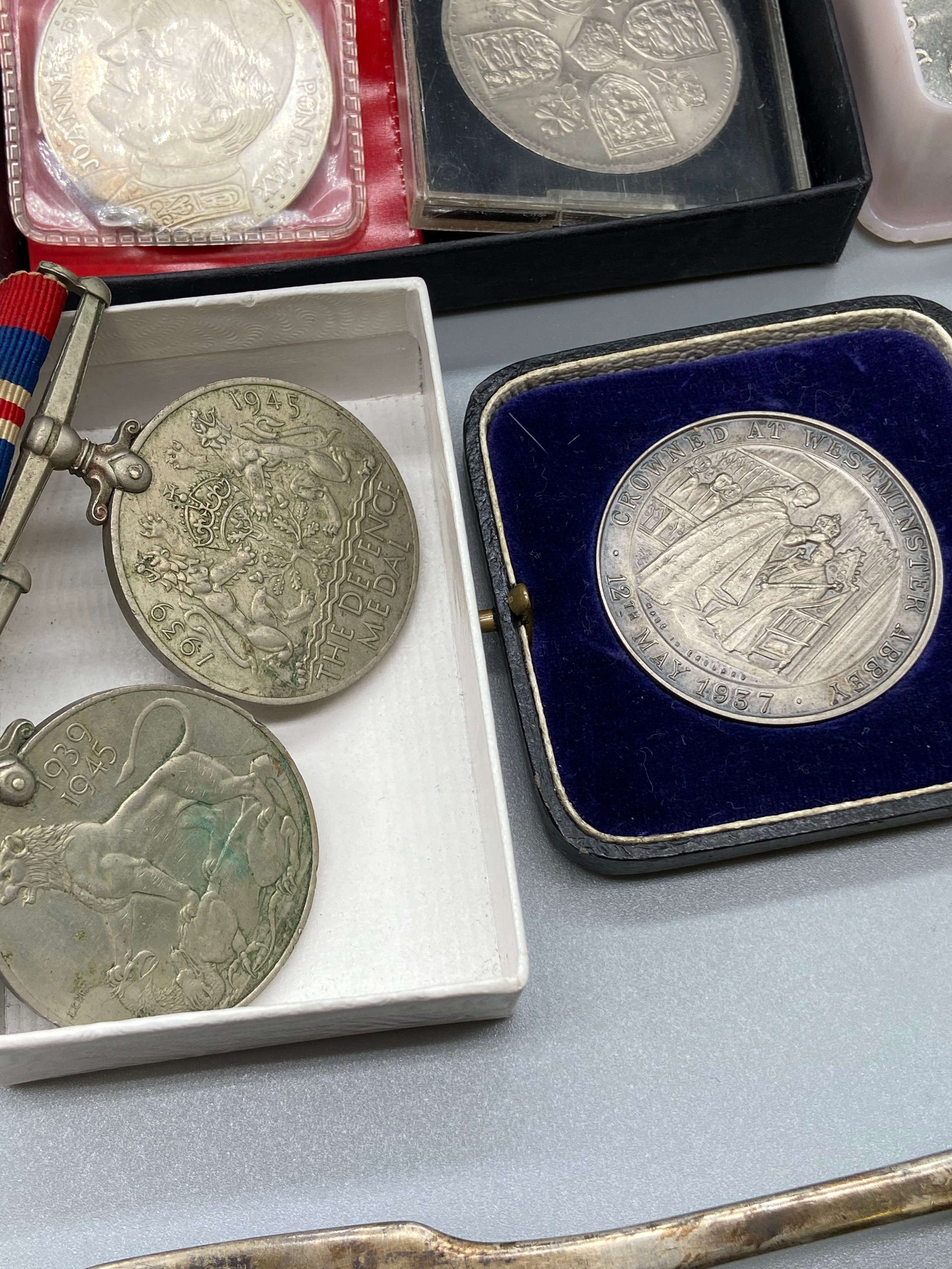 A Selection of crown coins, various British coins, WW2 Medals- no names, and Silver Exeter spoon. - Image 2 of 3