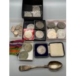 A Selection of crown coins, various British coins, WW2 Medals- no names, and Silver Exeter spoon.
