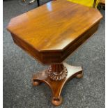 19th century pedestal games table, the octagonal lift top, above, a single drawer on either side,