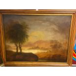 A Large 19th century oil painting on canvas depicting a rural landscape, cattle and ruins. Fitted
