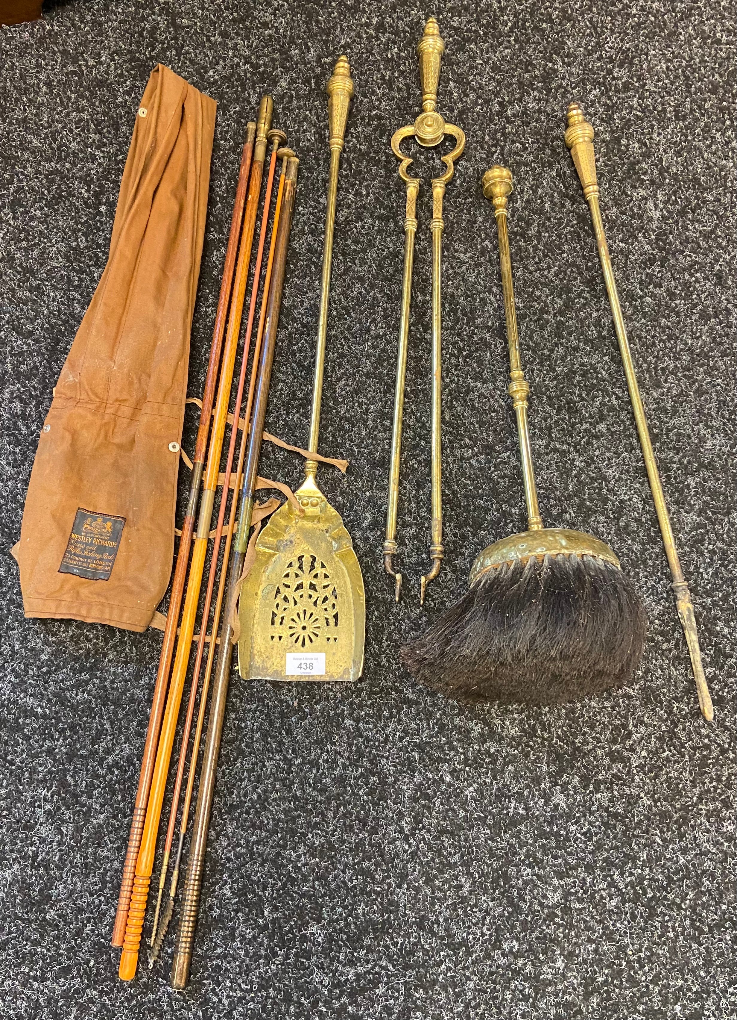 Antique gilt brass companion set and Westley Richards dun cleaning rods with bag.