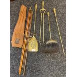 Antique gilt brass companion set and Westley Richards dun cleaning rods with bag.