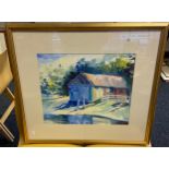 Watercolour, depicting riverside hut [Frame-67x75cm] [Constance Shaw]