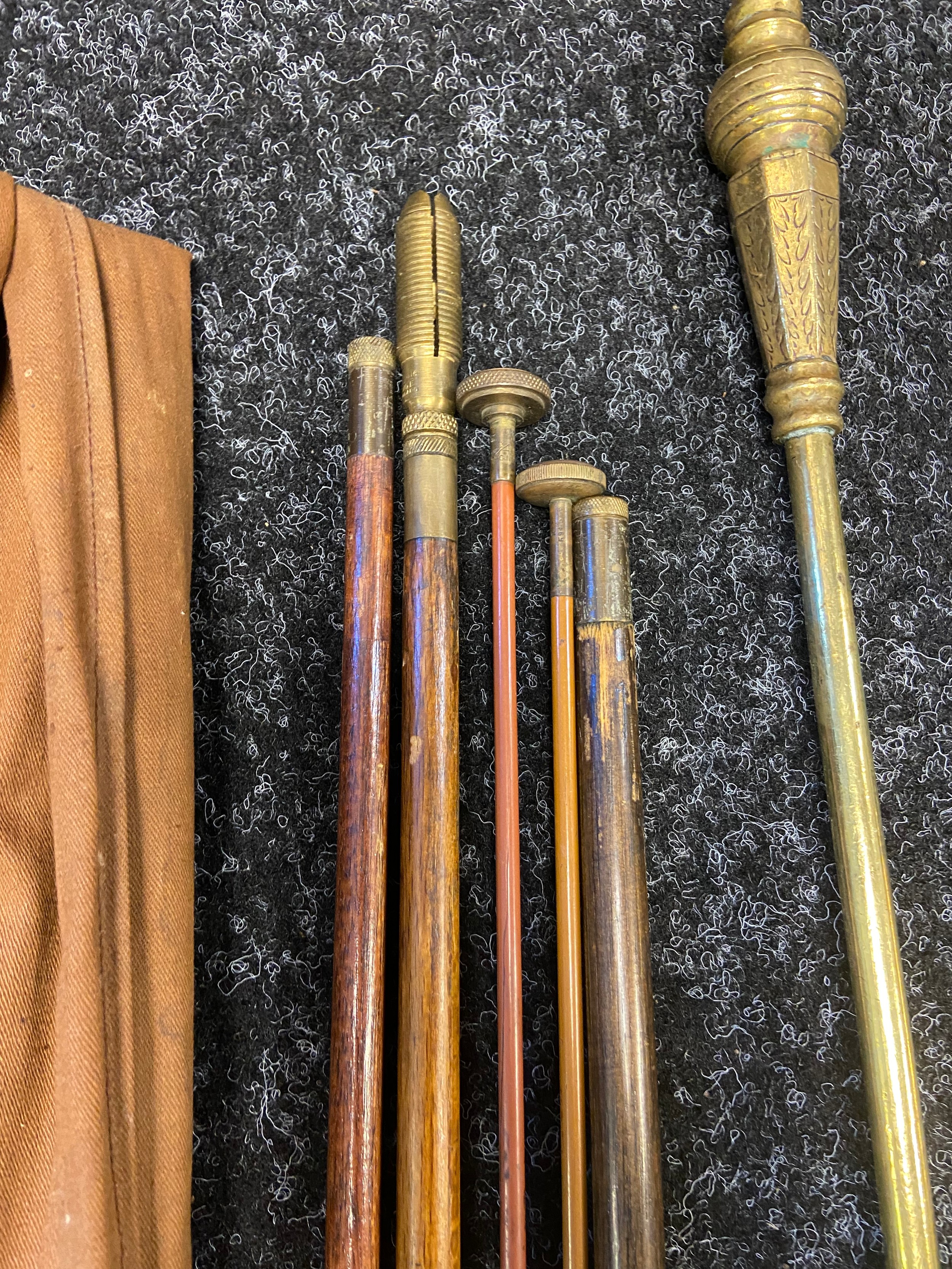 Antique gilt brass companion set and Westley Richards dun cleaning rods with bag. - Image 2 of 3