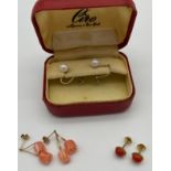 Two pairs of 9ct gold earrings to include Ciro 9ct white gold and pearl earrings, 9ct yellow gold