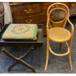 A vintage bentwood childs high chair, tapestry top stool and contemporary breakfast tray with