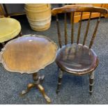 19th century penny chair, spindle back above a circular seat, raised on turned legs. Together with