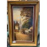 Antique oil painting on canvas depicting town scene with horse and cart as main focus. [Frame