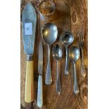 A Selection of Sheffield and London silver flatwares includes Napkin ring, desert fork and spoon,