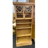 Antique farm house pine narrow bookcase, designed with two upper door section. [163x69x24cm]