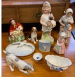 A Selection of porcelain odds to include Royal Doulton figure, Dog, Bisque figures and various odds.