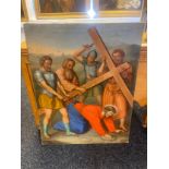 A 15th/ 16th century tempera painting on canvas depicting Jesus at the start of his crucifixion.
