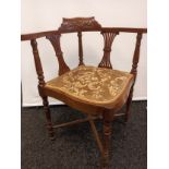 19th century corner chair, pierced splat and turned back supports, above a padded seat, raised on