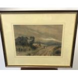 A 19th/ early 20th century watercolour depicting landscape, track road, horse and cart. Signed to