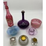 Mixed lot to include; ruby flash overlay bohemian moser style decanter, antique amethyst colour ship