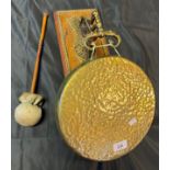 Antique brass and wood dinner gong with beater