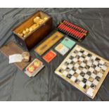 A Lot of vintage game collectables to include box of building blocks, Marker, cards and marble/ onyx