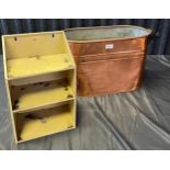 A Large brass two handle bucket, together with a three tier shop counter display. [copper-