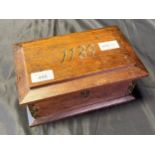 Antique timber made trinket/ document box, engraved to the inside lid 'Timber of an old steeple in