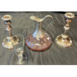 A Pair of Plated rise and fall candlesticks, Glass and pewter wine craft/ ewer and A Georgian Rummer