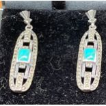 A Pair of silver marcasite and Turquoise paneled art deco style drop earrings.