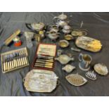 A Collection of silver plated and E.P wares to include cutlery, tea/ coffee pots, toast racks,