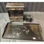 A Lot of three antique lacquered oriental items to include dragon design tray, lidded box and