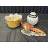 Three porcelain items which include Capodimonte pheasant figure, Samson French preserve pot with lid