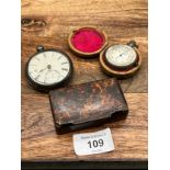 19th century snuff box, Silver pocket watch and Pocket barometer with case