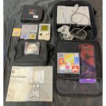 A Portable Playstation carry bag containing a playstation console, together with a Vintage