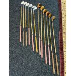 A Collection of hickory shaft golf clubs and drivers to include a golf bag. Names include F.H.