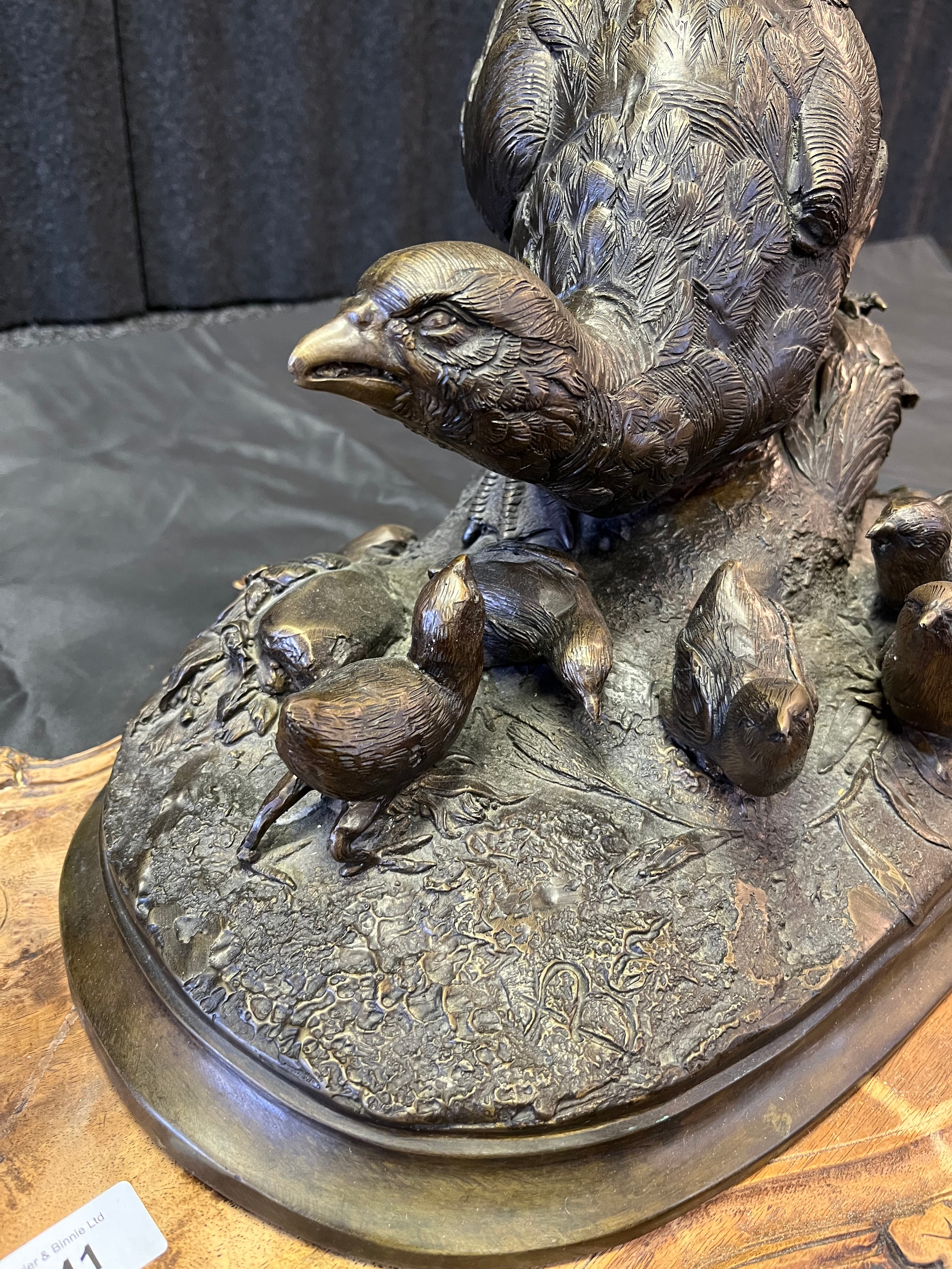Alphonse- Alexandre Arson A Large Bronze sculpture of a Pheasant and her young resting on a - Image 2 of 5