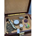 A Small jewel box containing Silver cased silver pocket watch, Madua 15 rubies watch, Edinburgh