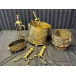 A Selection of antique brass wares to include ornate coal bucket detailed with raised relief ram
