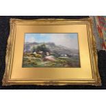 Watercolour on board, within moulded gilt frame titled A Sunny Hillside by Bertran Hiles[56x74cm]