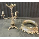 A Large plated ornate three branch candelabra centre piece together with a plated ornate centre