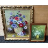 Two Acrylic paintings, still life flowers in a vase. Signed Mary Hogan and Nancy Lee. [Large frame