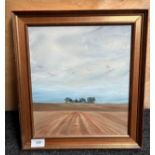 Original Acrylic on board depicting farm land with farmhouse in the distance. Signed Stephen, 78.