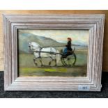 Original oil painting on canvas titled 'Irish Morning' by Lucy Poett. Depicts horse pulling cart. [