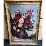 Large oil on canvas of still life, vase and roses. Signed Harry Zeegers. Fitted within an ornate