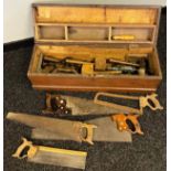 Antique pine shipwright joiners tool chest containing a large quantity of vintage wood working